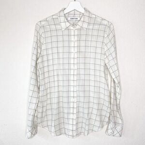 Elizabeth and James Window Pane Satin Trim Button Up Top Sz S